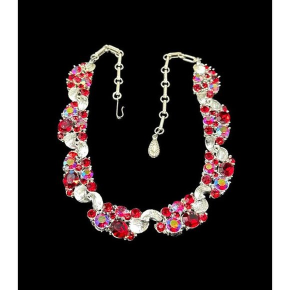 Vintage Lisner Bright Red Glass and AB Silver Tone Choker Necklace 17" - Picture 3 of 8